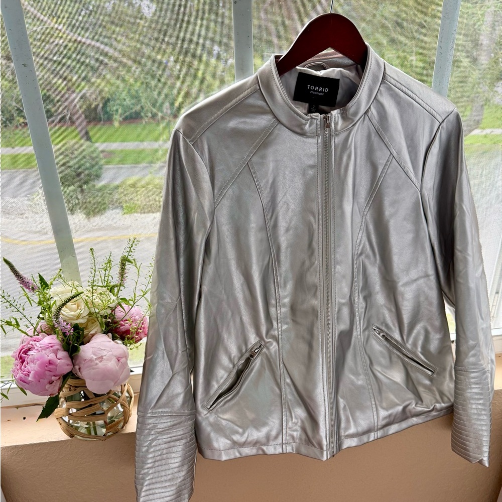 Torrid Silver Leather-like Moto Jacket with Metallic Sheen